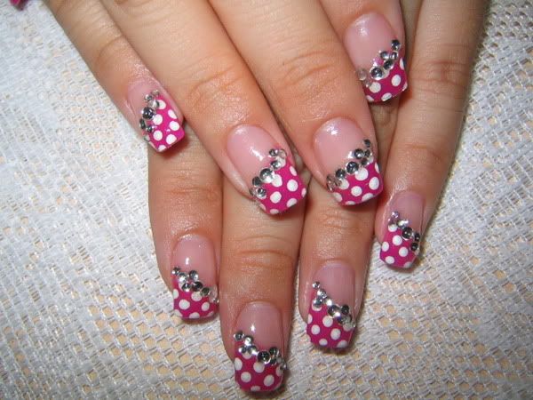 Pinky Nail with White Dots and Crystal on the edge