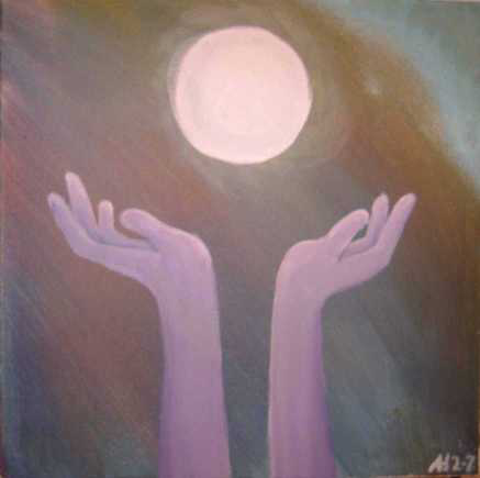 Schilderij, acryl, handen opgeheven naar volle maan