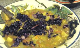 Split Pea Soup topped with Frizzled Purple Cabbage